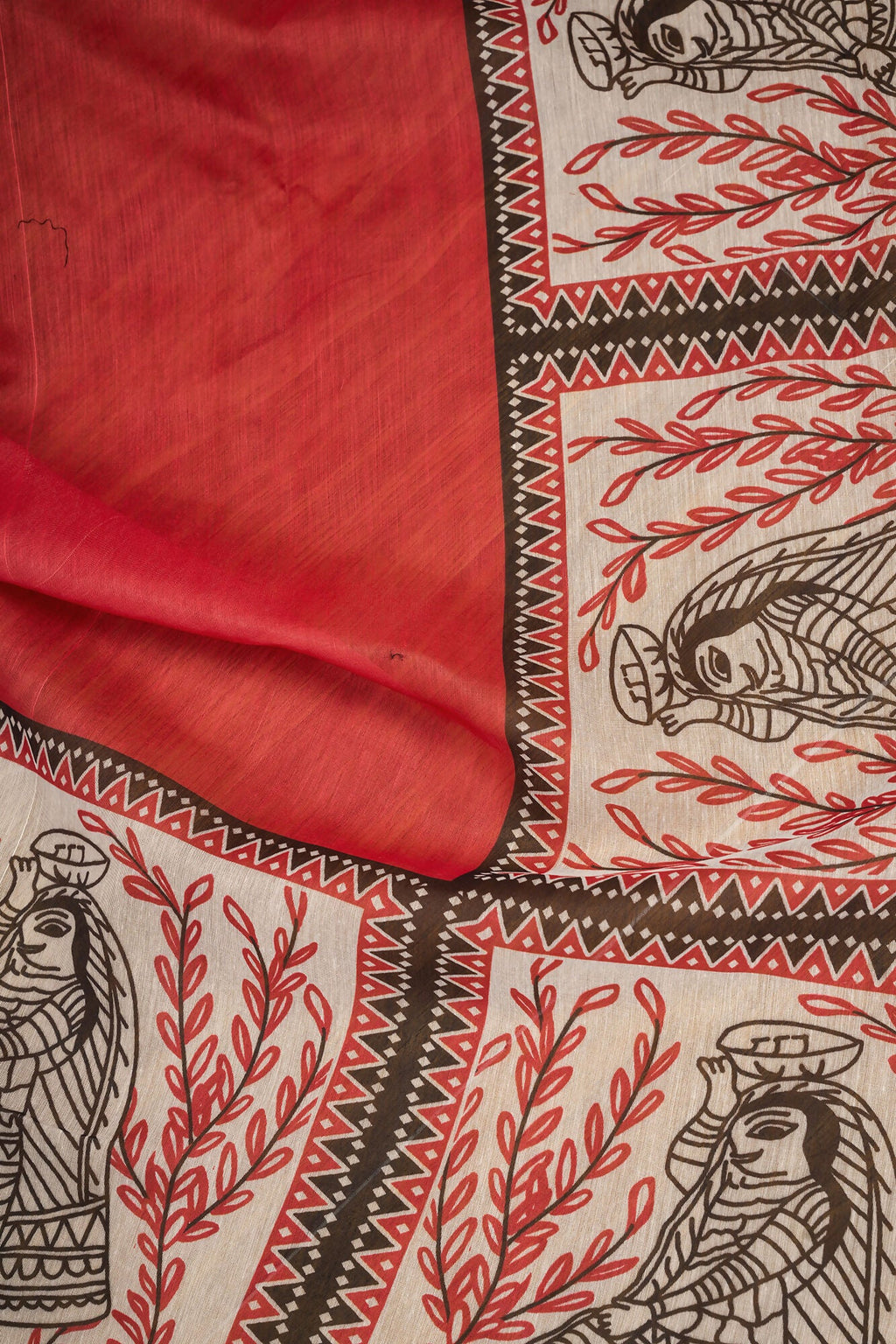 Vastranavya Red Digital Printed Linen Ready To Wear Designer Saree with Unstitched Blouse