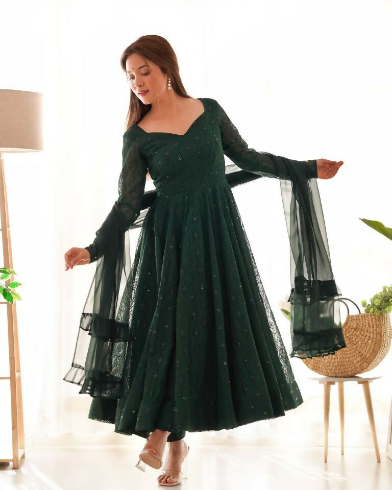 Teeya Creation Green Color Faux Georgette Embroidery Work Wedding Wear Gown