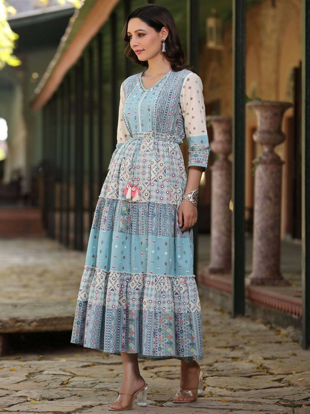 Juniper Women's Blue Cotton Cambric Geometric Printed Tiered Maxi Dress