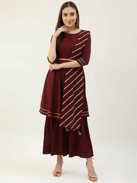 FIORRA Women's Maroon Poly Crepe Flared Kurta Pant With Dupatta