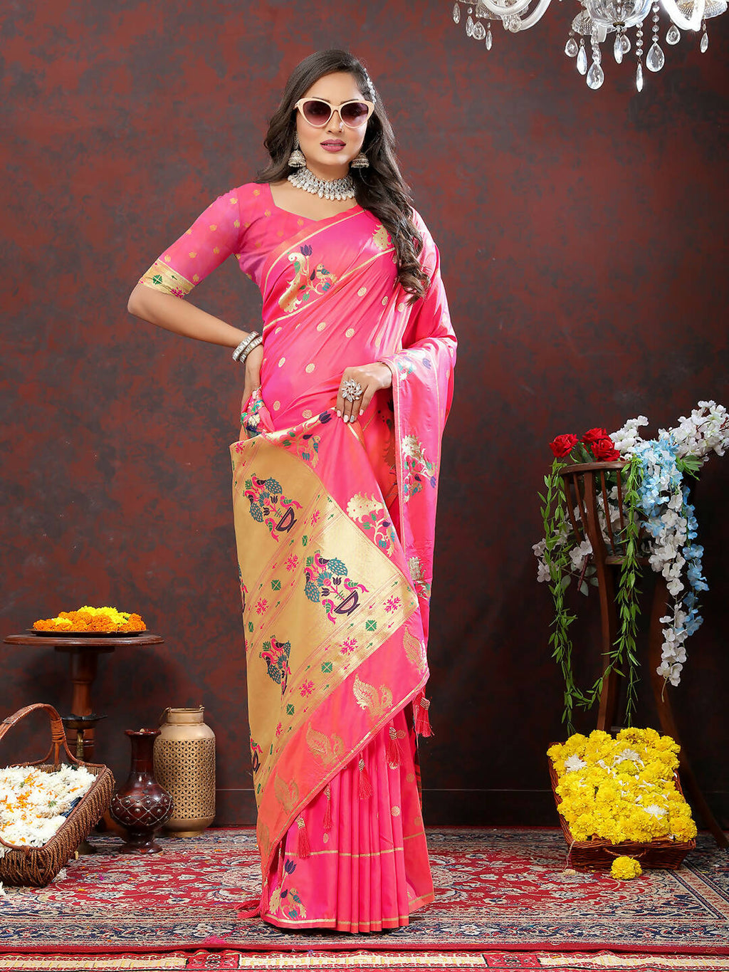Lorenvalley Fashion Pink Soft Paithani Silk Woven Design Gold Zari Meenakari Weaving Saree