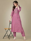 Jyoti Fashion Women's Purple Rayon Embroidered Kurta Pant Set