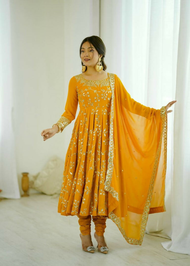 Teeya Creation Yellow Color Heavy Faux Georgette Embroidery Work Gown