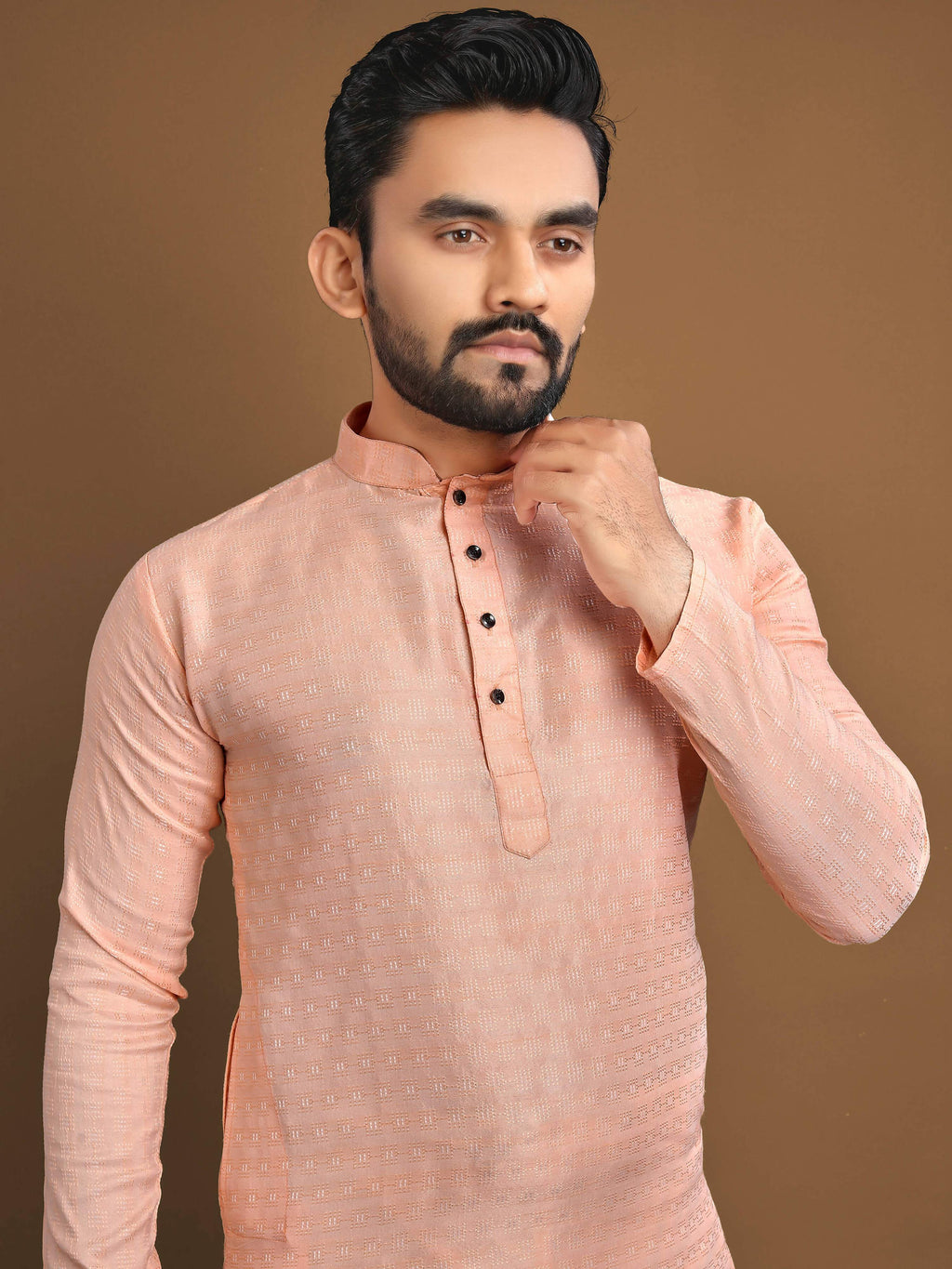 Full Stitched Kurta Pajama Set for Men by Infinity Export - Orange-Peach
