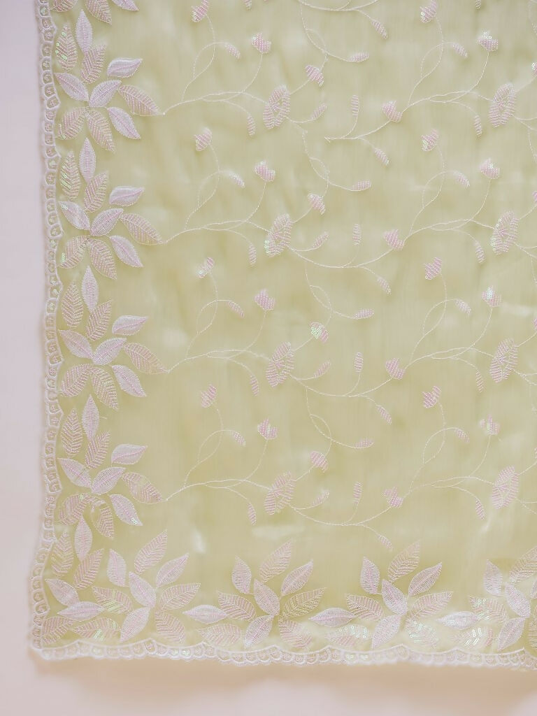 Green Tissue Slub Embroidered Saree with Unstitched Blouse - Vairagi