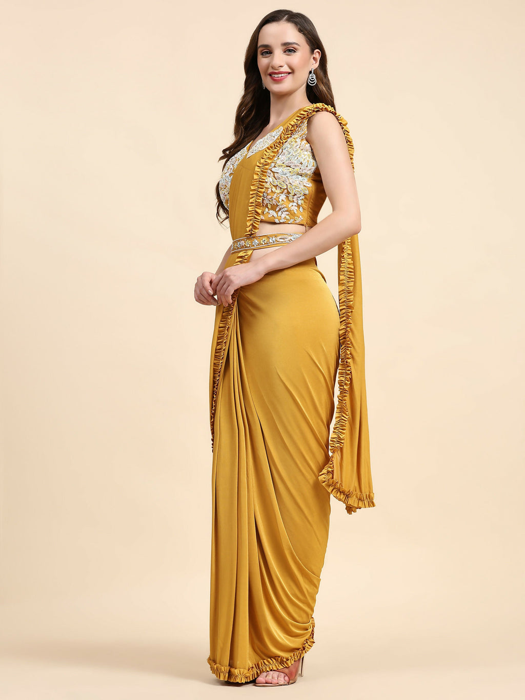 Yellow Lycra Solid Ready to wear Saree with stitched Blouse - Vanita