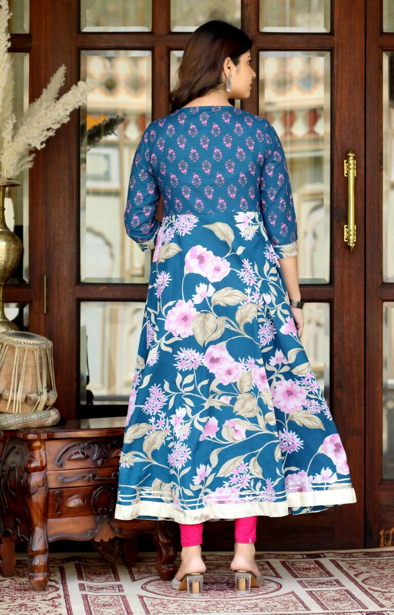 Miravan Women's Flower Printed Blue Anarkali Kurta And Dupatta