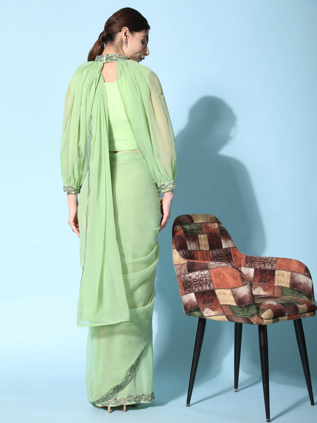 Green Fancy Pure Fabric Plain Ready to wear Saree with stitched Blouse - Vrinda