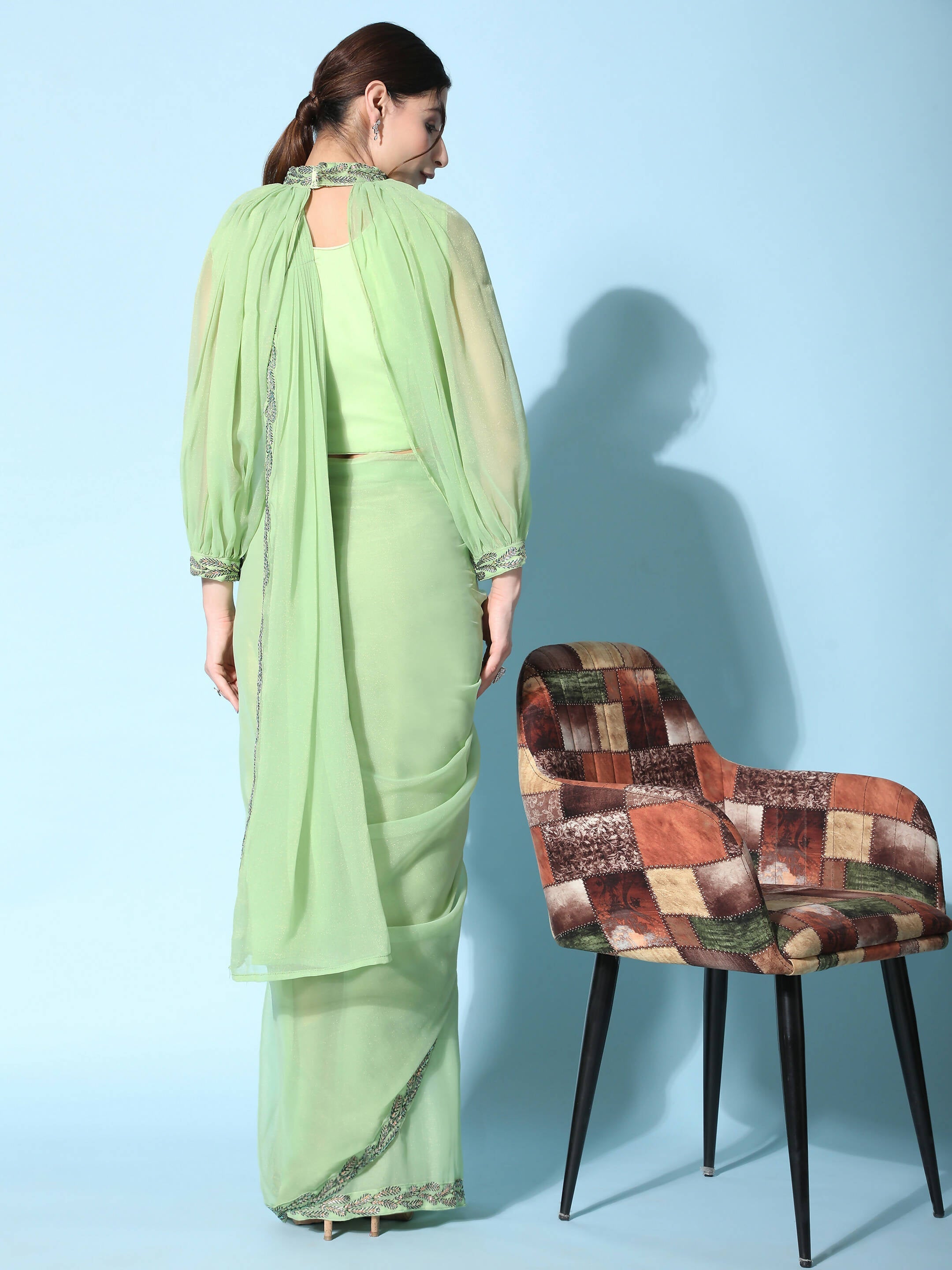 Green Fancy Pure Fabric Plain Ready to wear Saree with stitched Blouse - Vrinda