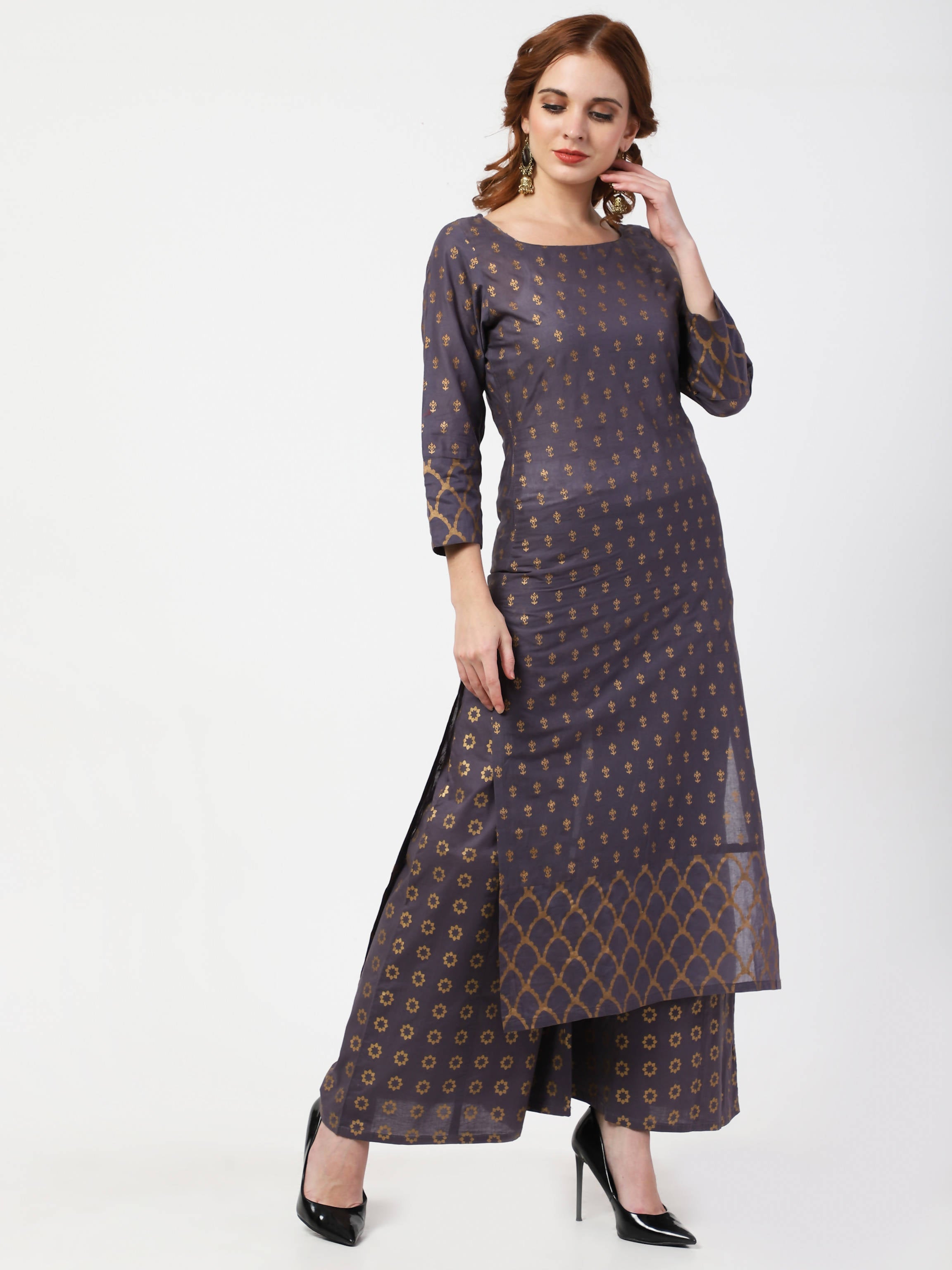 Cheera Printed Gray Kurta Palazzo Set (CH103KP)