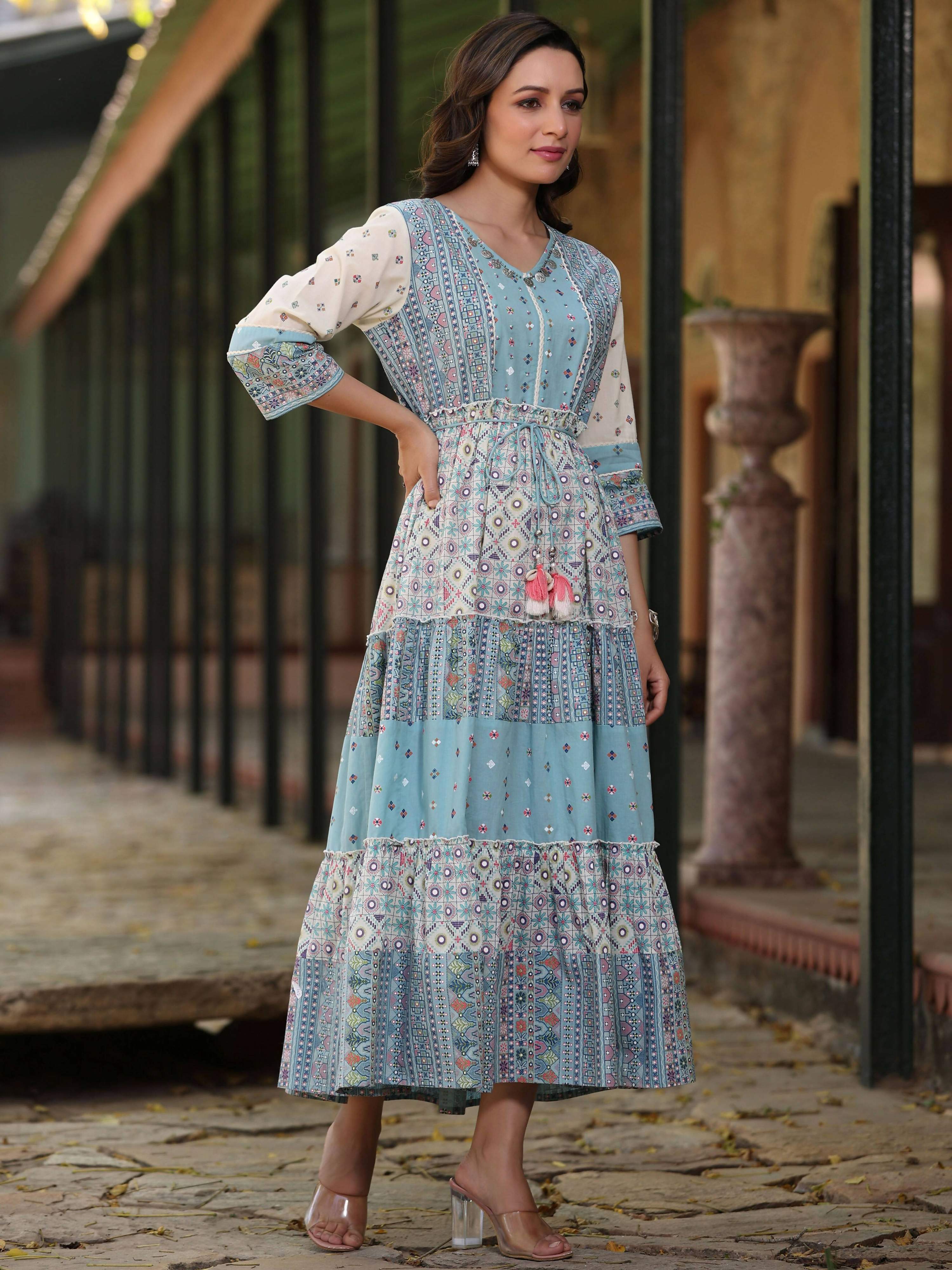 Juniper Women's Blue Cotton Cambric Geometric Printed Tiered Maxi Dress