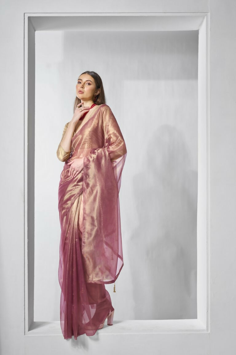 Onion Gold Tissue Net Solid & Gold Cotted Saree - Samaa