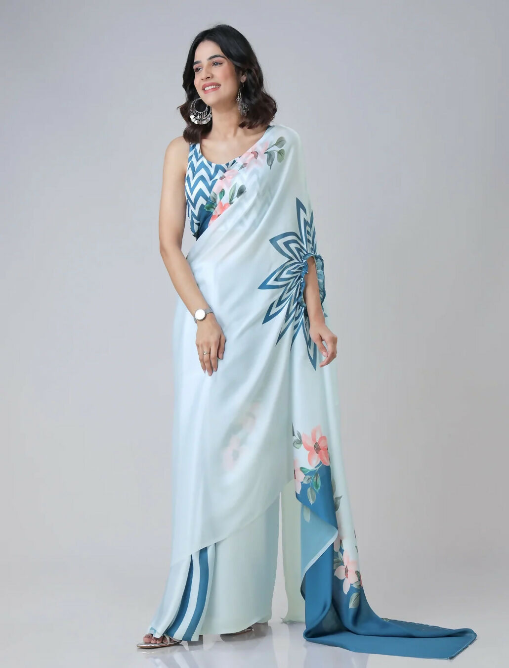 Vastranavya Icy Blue Freehand with Navy Starburst & Floral Print Ready to Wear Saree