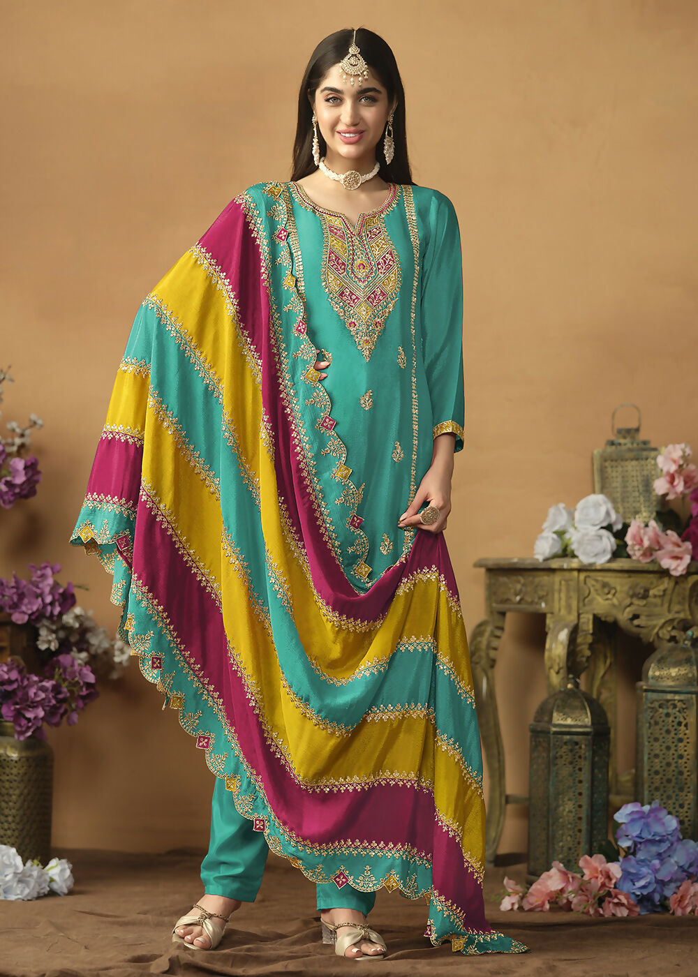 Chinnon Silk Turquoise Salwar Suit with Multicolor Dupatta - Emponline