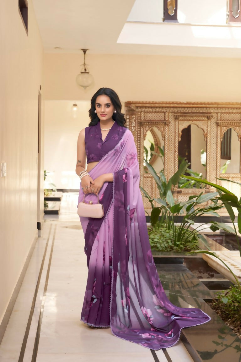 Vastranavya Lavender Weightless Marble Printed & Trim Lace Border Saree with Unstitched Blouse