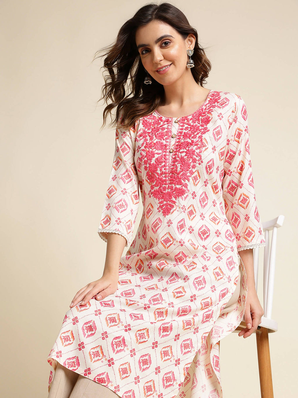 Pink Poly Rayon Aztec Printed Straight Fit Kurta - Prasuti