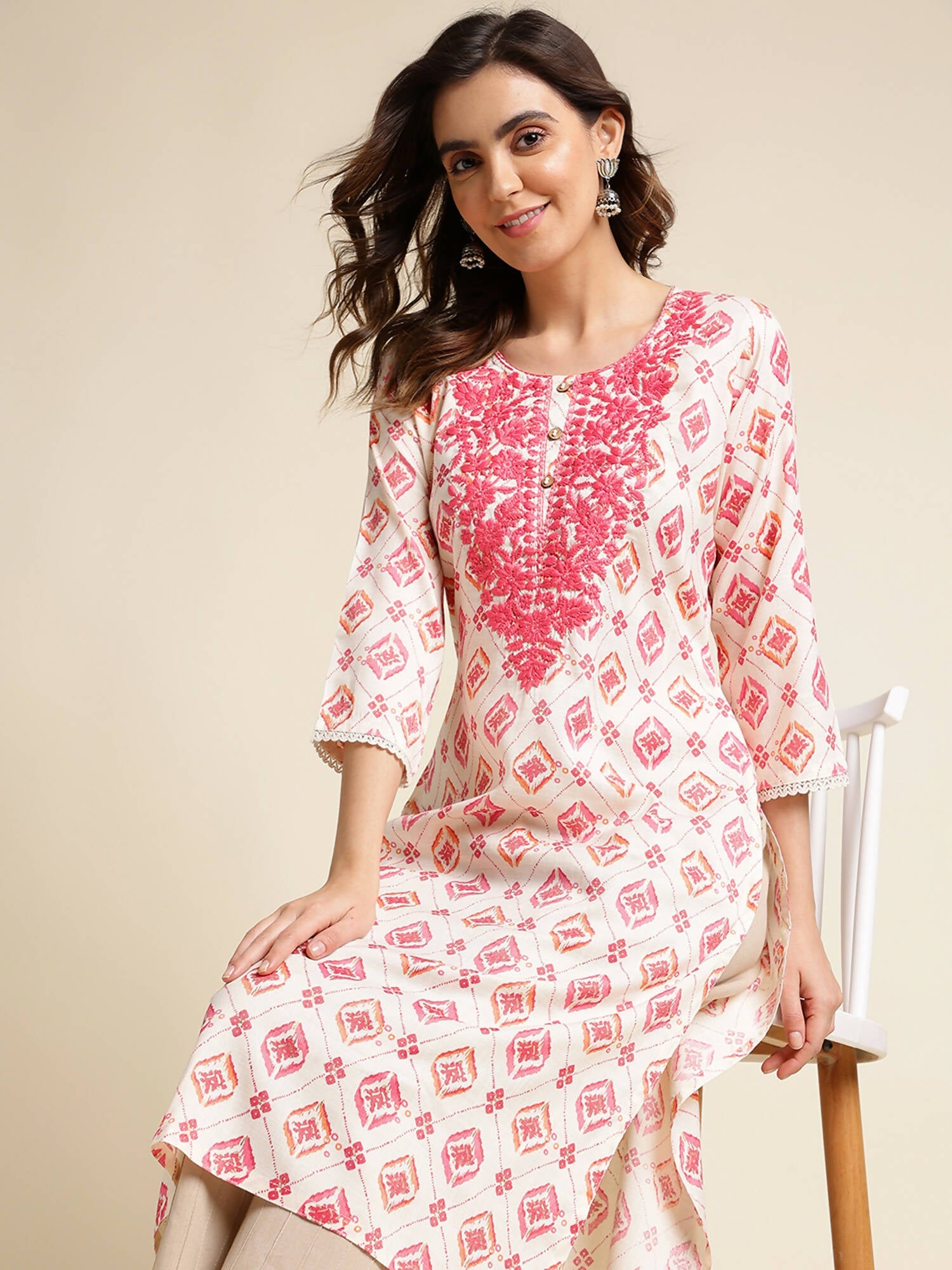 Pink Poly Rayon Aztec Printed Straight Fit Kurta - Prasuti