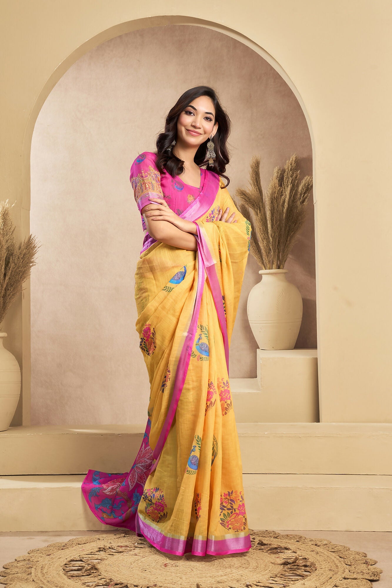 Vastranavya Mustard Digital Printed Linen Ready To Wear Designer Saree with Unstitched Blouse