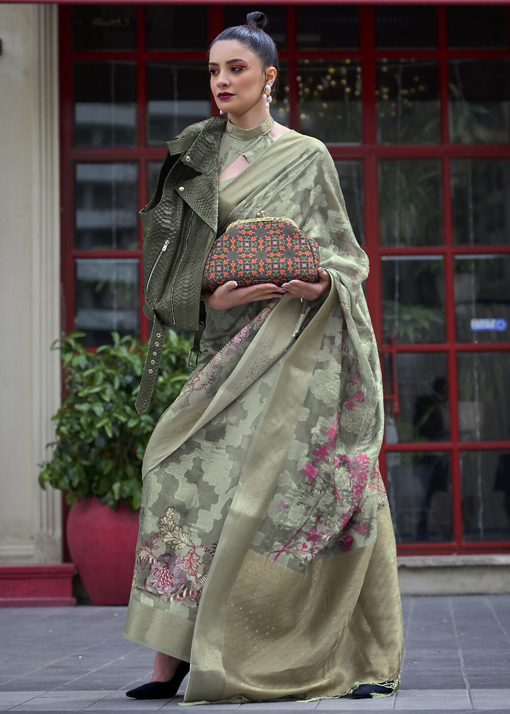 Lovely Pista Green Polly Brasso Designer Saree - Emponline