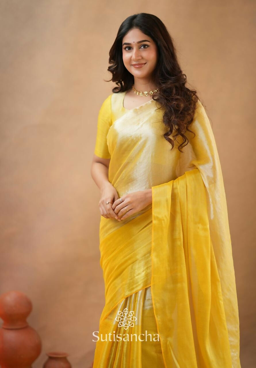 Exclusive Collection Beautiful Yellow Tissue Silk Hand Weaving Handloom Saree With Running Blouse Piece