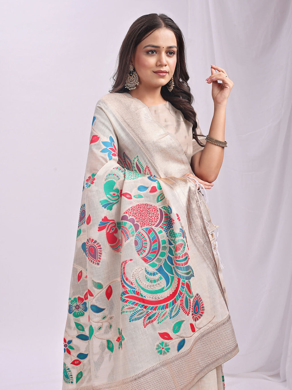 Shree Shyam Fashion Linen Cotton Cream Saree