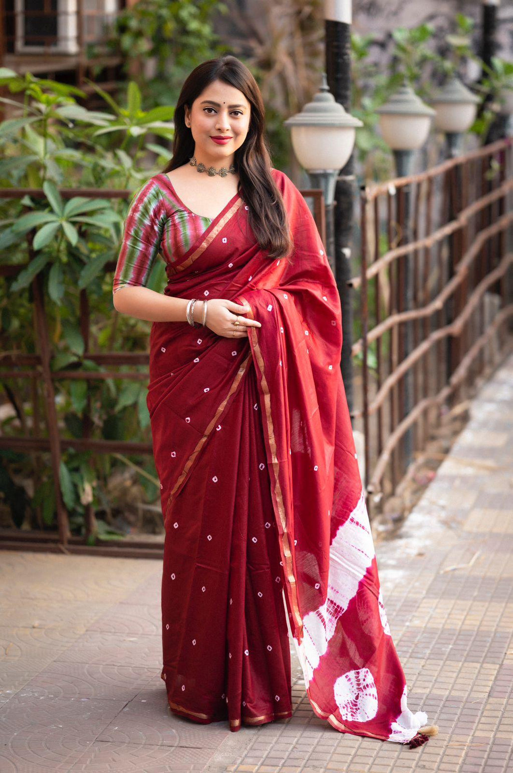 Maroon Chanderi Cotton Block Print Saree with Unstitched Blouse - Hiral Fashion