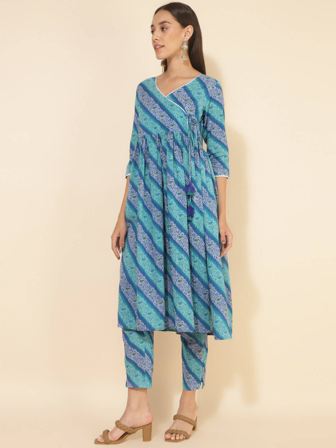 Janasya Women's Blue Cotton Bandhani Printed Casual Angrakha Co-ords