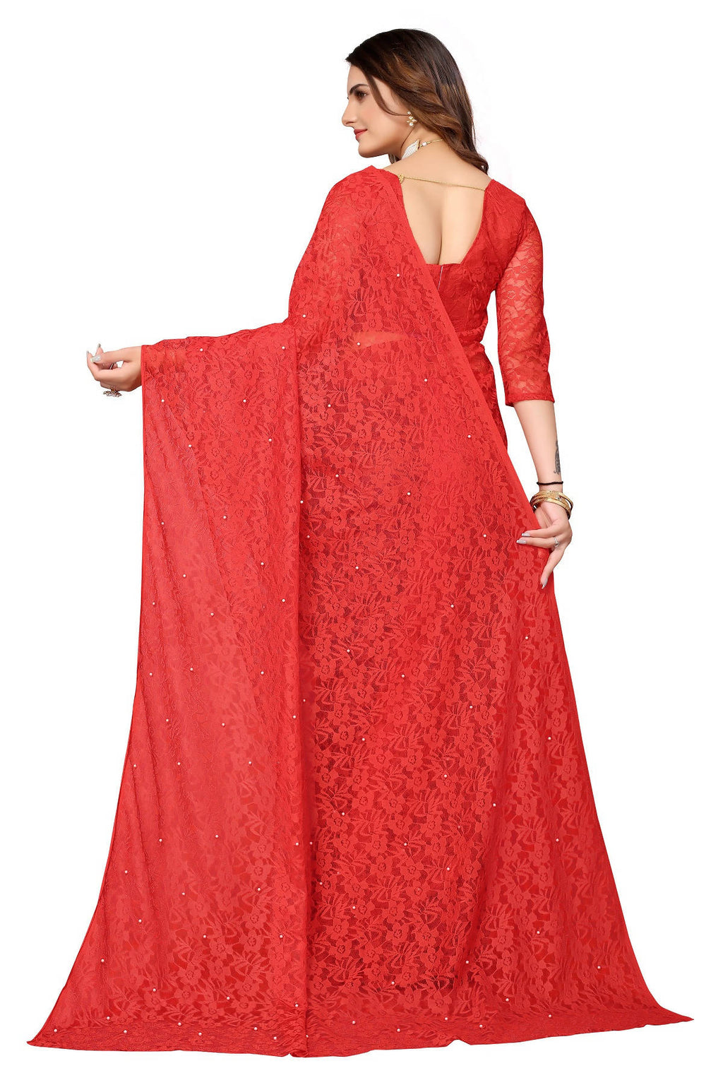 Vamika Ethnic Fire Red Pearls Net Saree