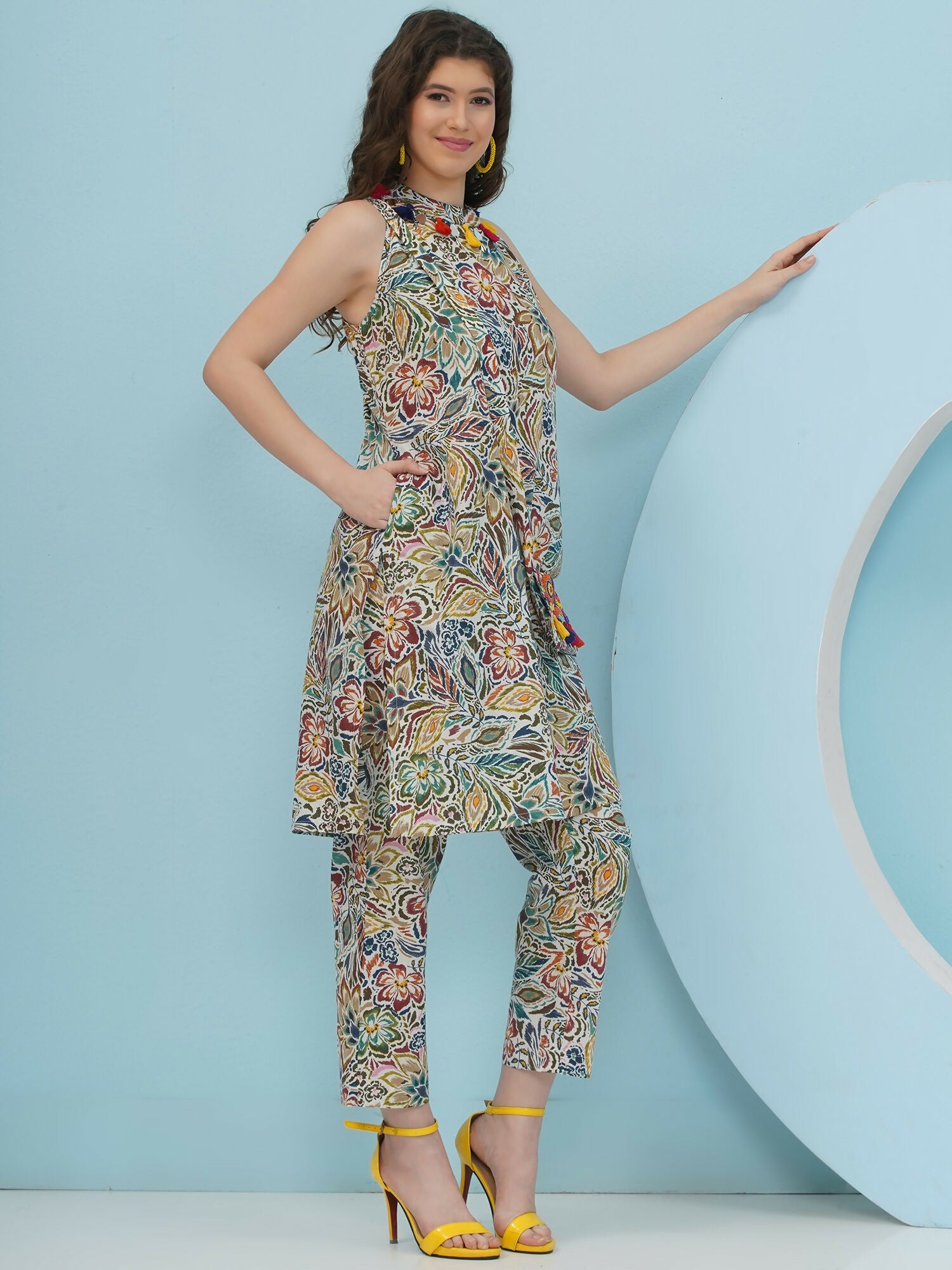 Joban Fashion Floral Co Ord Set With Embellished Sling Bag - Multi