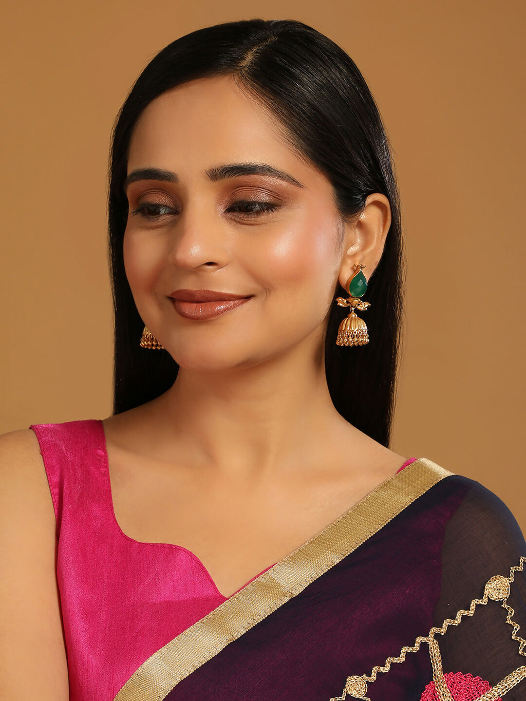 Nuyug 22K Gold Plated Emerald Stone Studded Ethnic Jhumkas