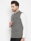 Even Apparels Grey Wool Men Woven Nehru Jacket