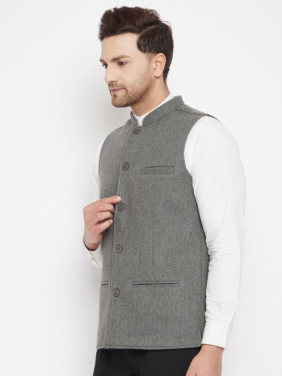 Even Apparels Grey Wool Men Woven Nehru Jacket