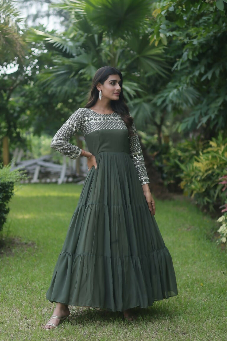 Jyoti Fashion Women's Mehendi Sequins Zari Embroidered Faux Georgette Anarkali Dress