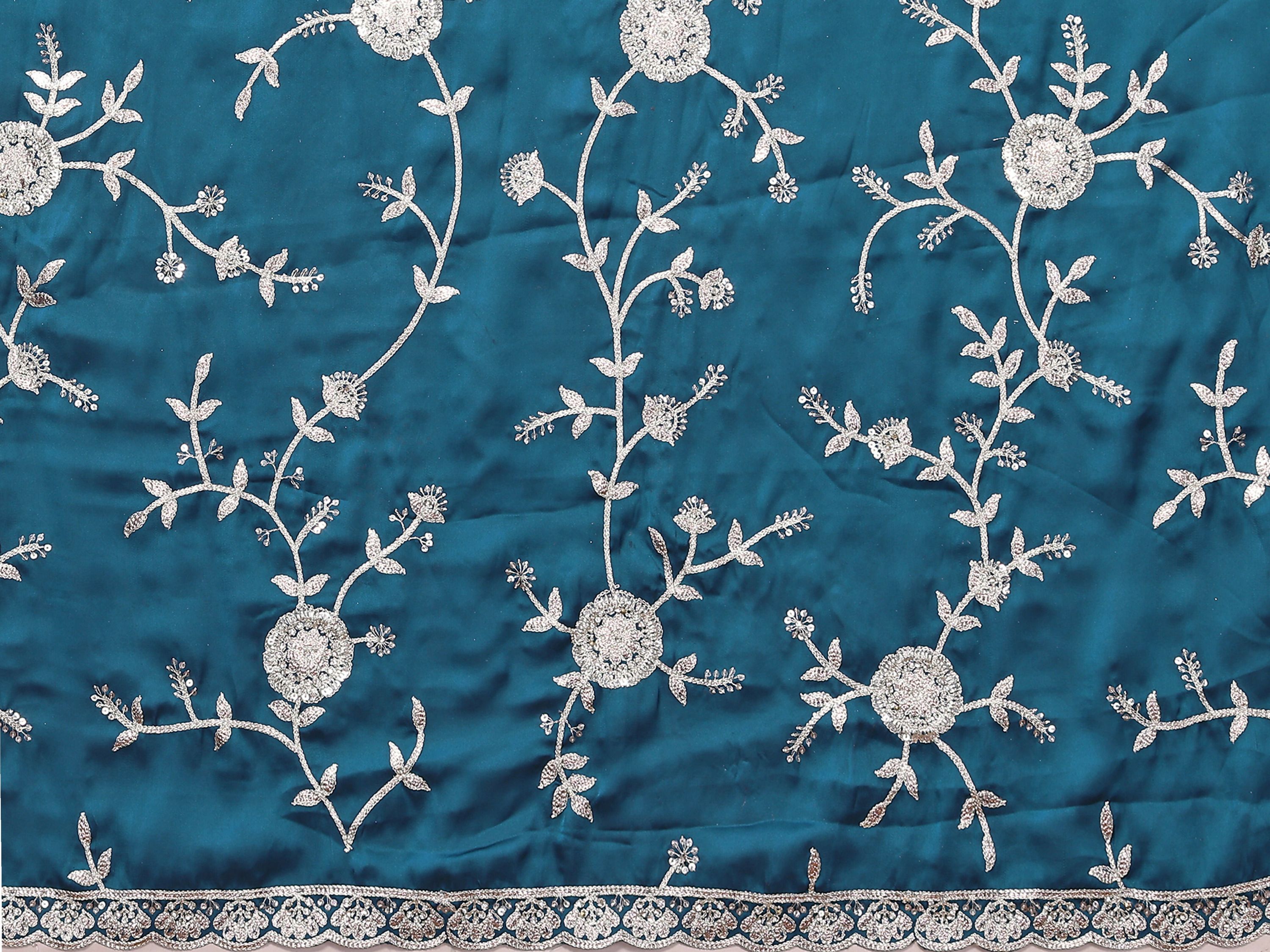 Blue Pure Satin Embroidered Saree With Stitched Blouse - Nimaya Kaksha