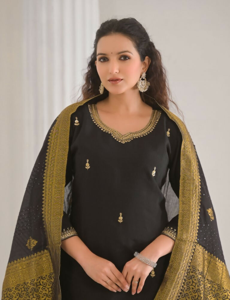 Ethnic Festive Wear Viscose Chanderi Black Stitched Suit With Dupatta - Tanisha