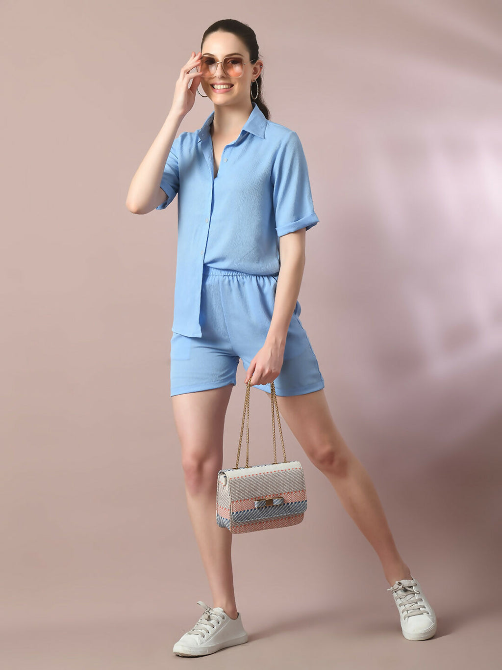Myshka Women's Blue Solid Shirt Collar Party Shirt With Shorts Co-ord set