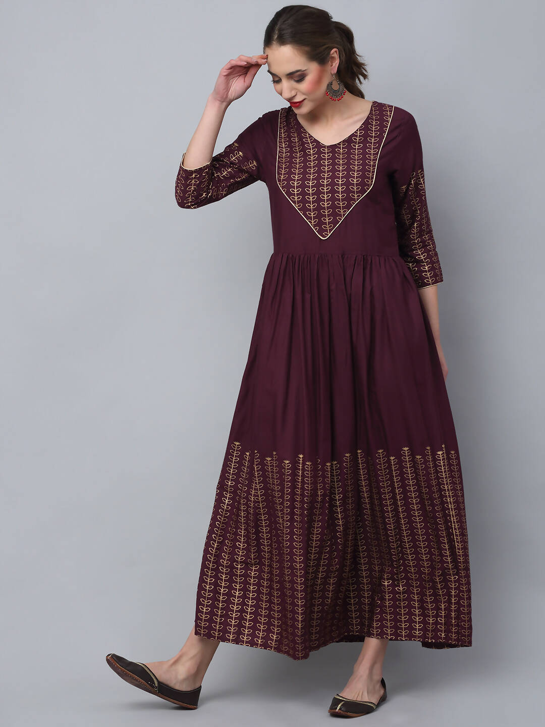 Rudra Bazaar Gold Printed A-Line Flared Brown Kurti