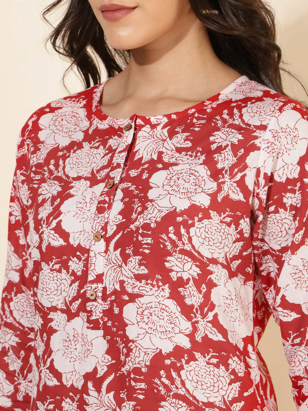 Janasya Women's Red Cotton Cambric Floral Printed Casual Straight Top Set