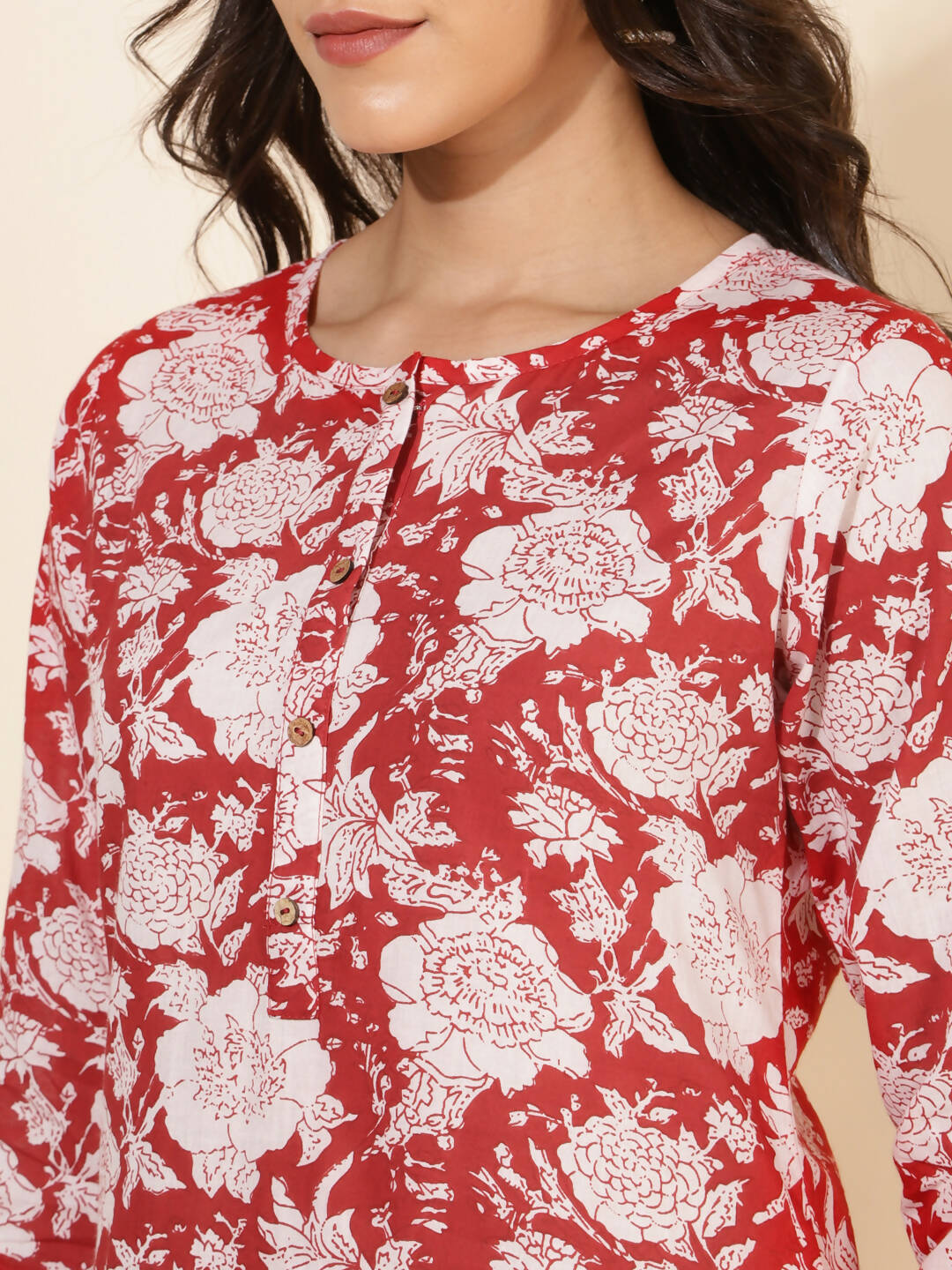 Janasya Women's Red Cotton Cambric Floral Printed Casual Straight Top Set
