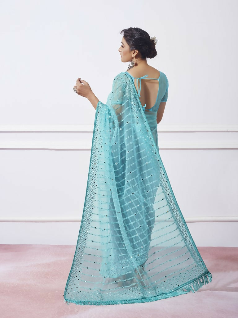 Blue Net Designer Thread Embroidery Work Saree with Unstitched Blouse - Vandini