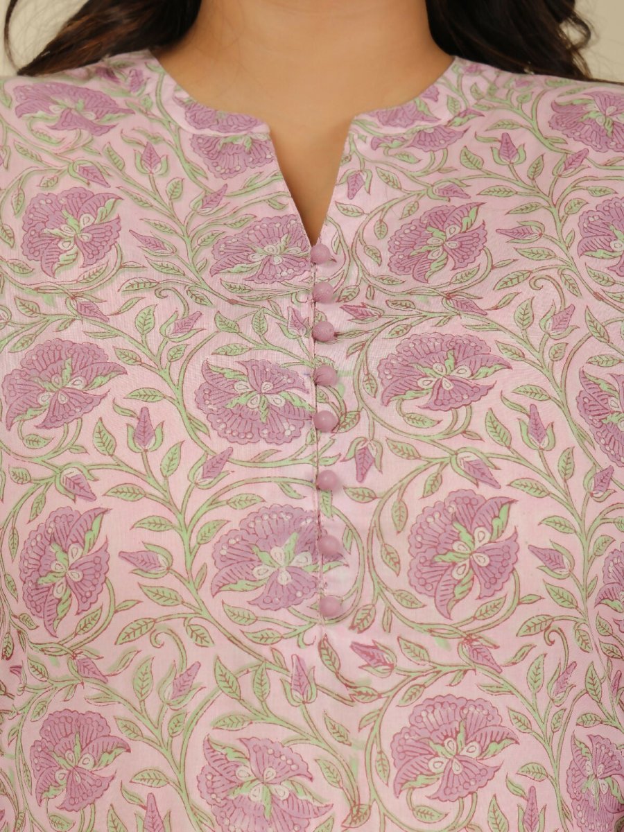 Aramya Pink Soft Cotton Floral Print Straight Kurta Pant Set for Women