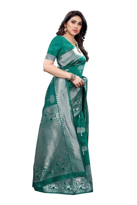Vamika Banarasi Jacquard Weaving Rama Green Saree (AMEE RAMA)