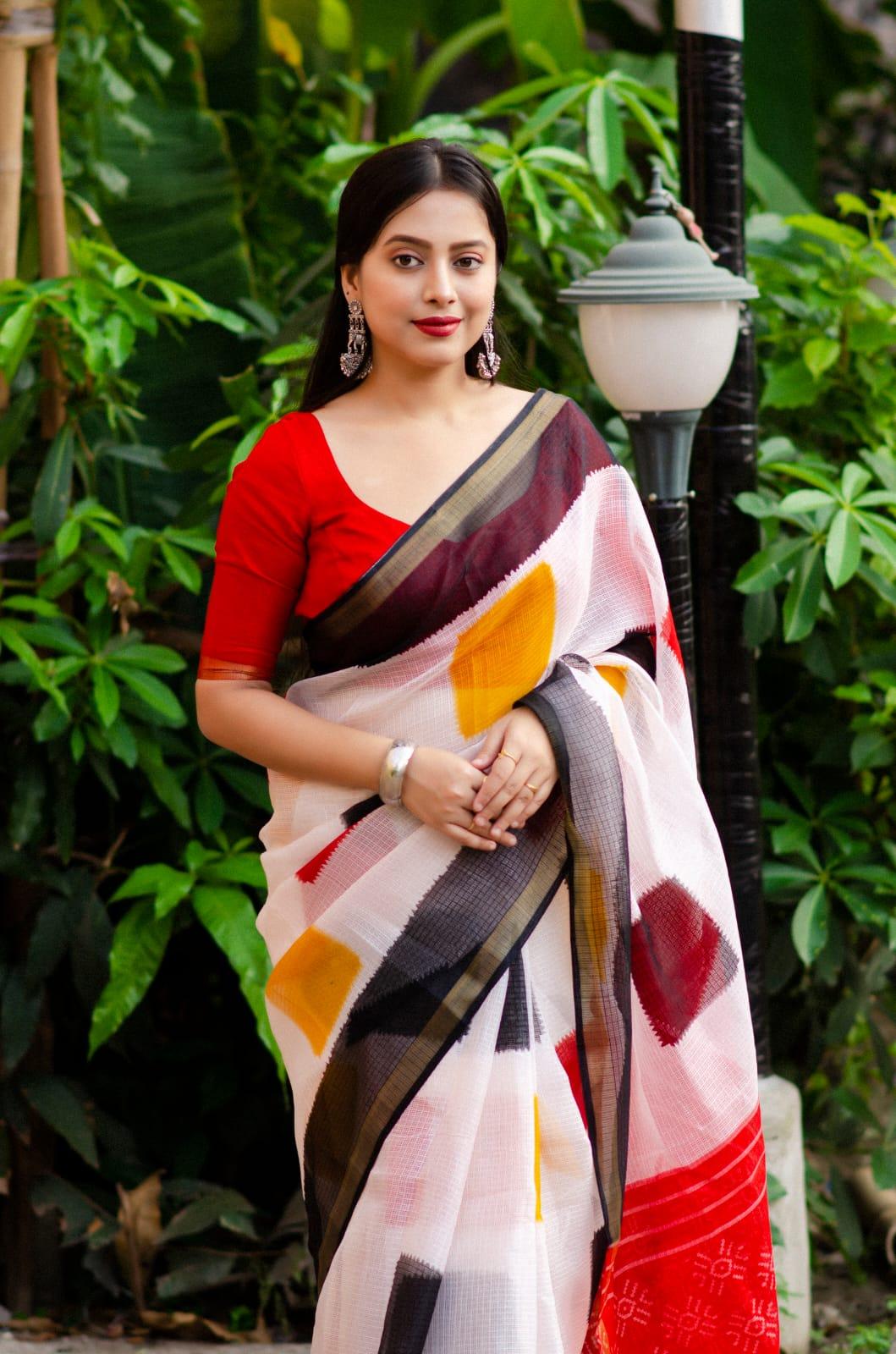 White Polycotton Ethnic Motifs Saree with Unstitched Blouse - A2M