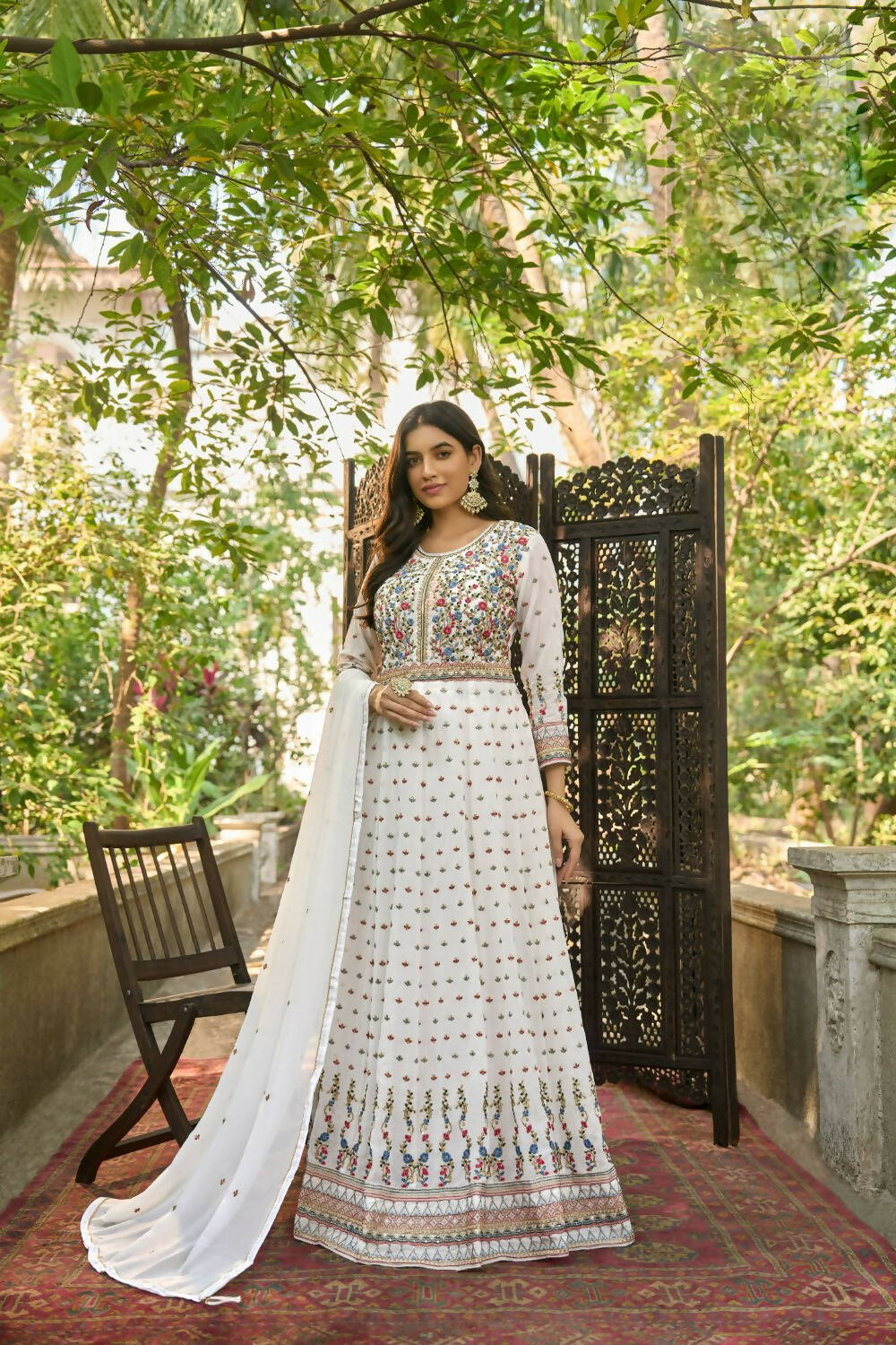 White Heavy Faux Georgette Anarkali Embroidered Kurta Set - Dhvani