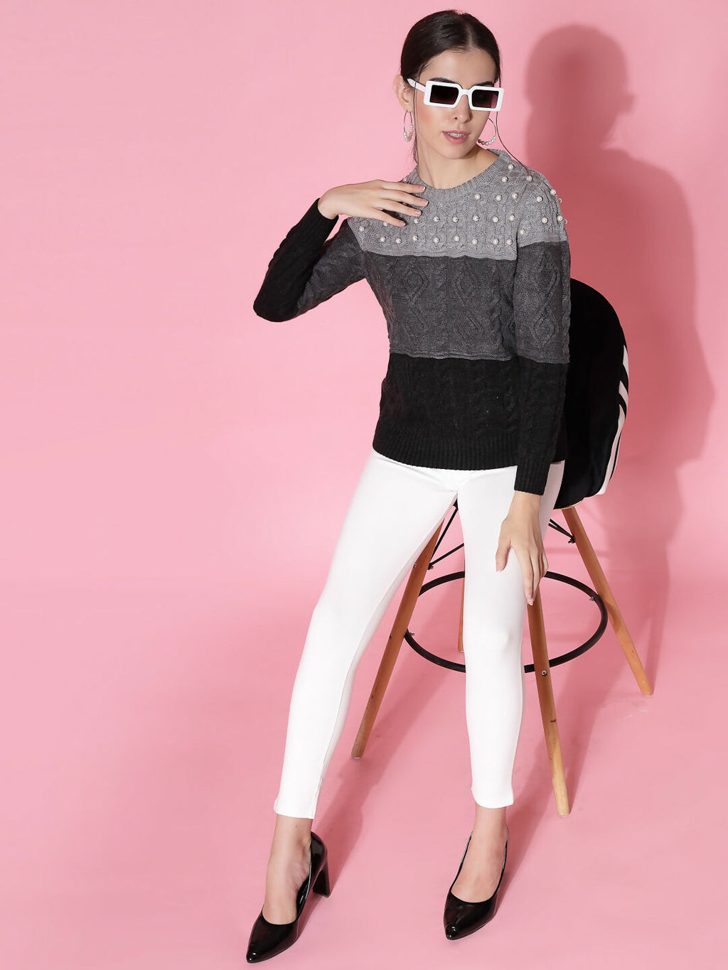 Women Color Block Winter Charcoal Acrylic Sweater - Wool Trees