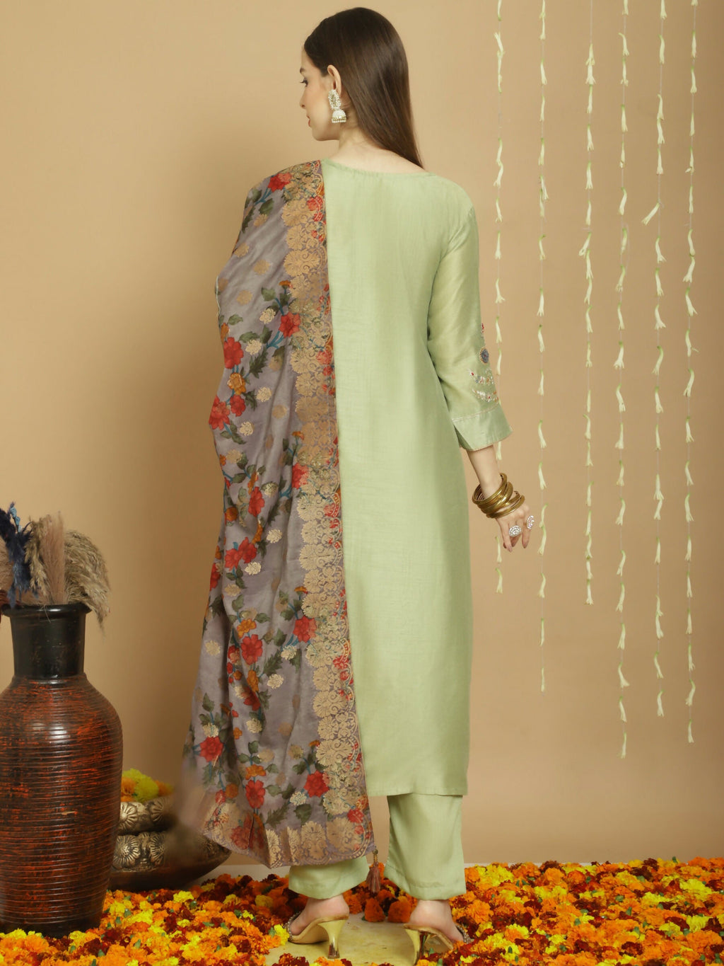Jyoti Fashion Women's Green Chanderi Silk Elegant Jardoshi Semi Kurta with Trouser & Dupatta