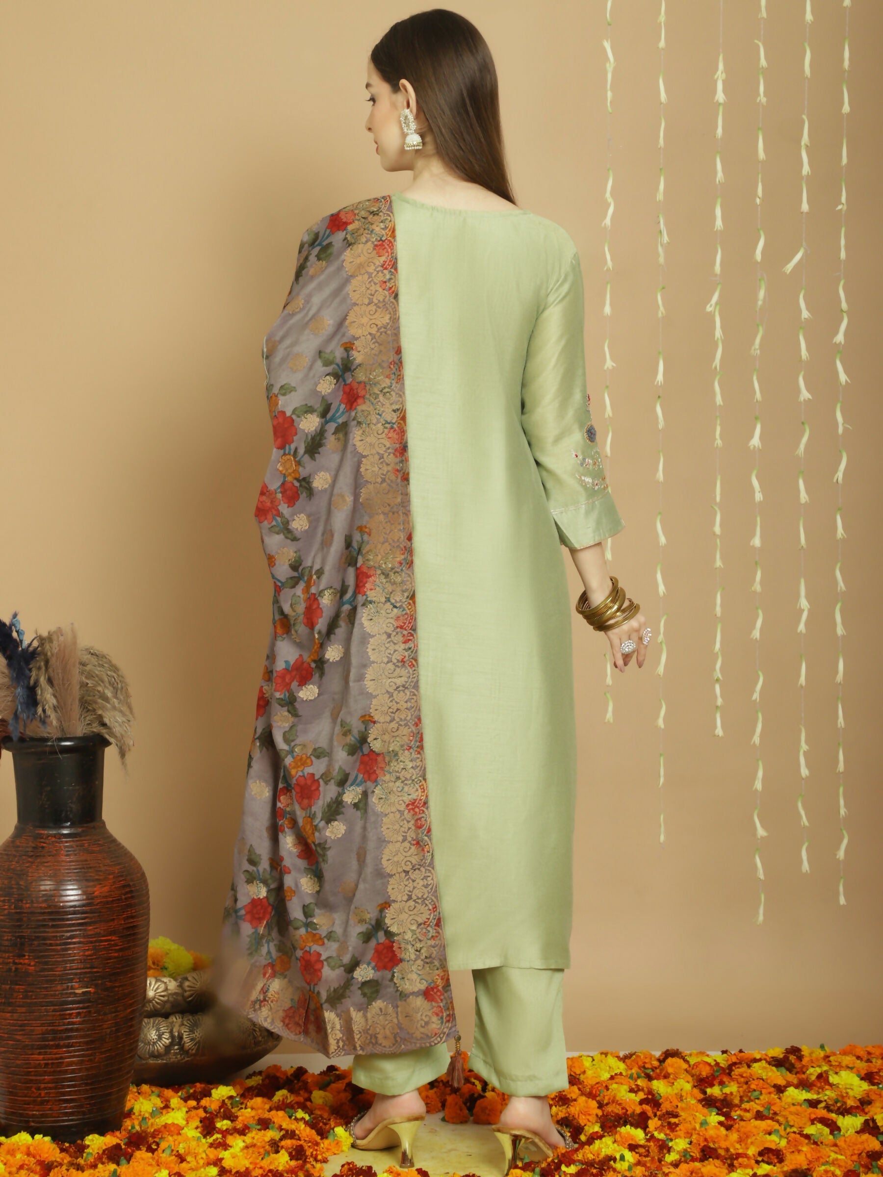 Jyoti Fashion Women's Green Chanderi Silk Elegant Jardoshi Semi Kurta with Trouser & Dupatta
