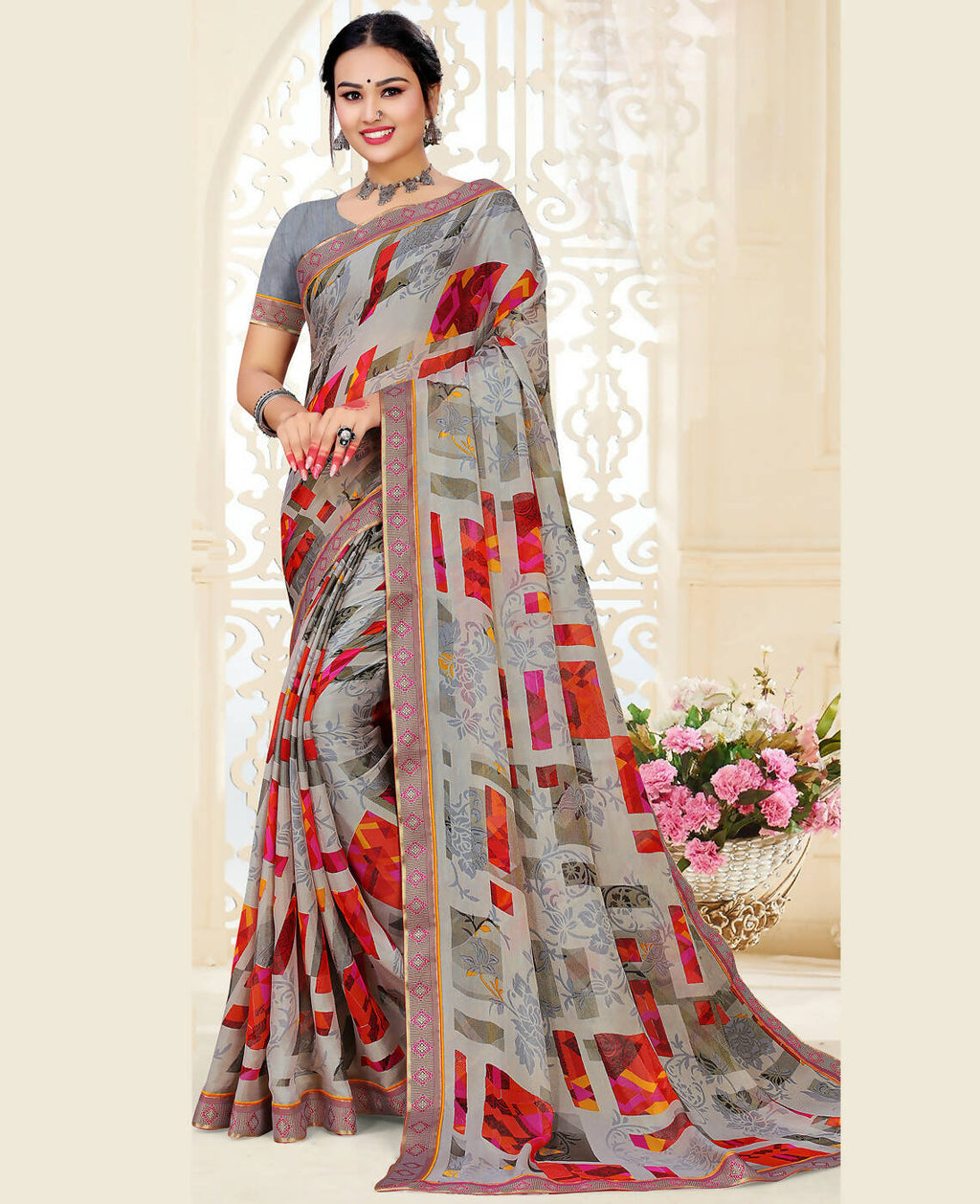 Grey Chiffon Brasso Printed Saree With Unstitched Blouse Piece - Jyoti
