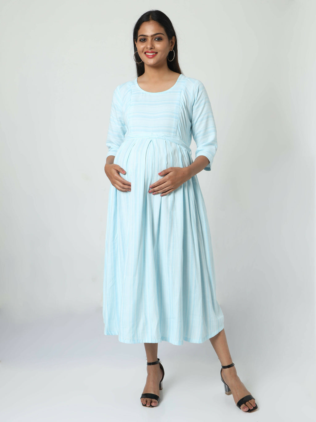 Manet Three Fourth Maternity Dress Striped With Concealed Zipper Nursing Access - Light Blue