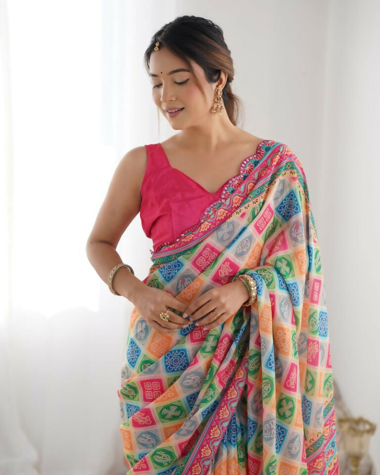 Multy Chinon Designer Digital Printed & Mirror Cut Work Saree - Kriti